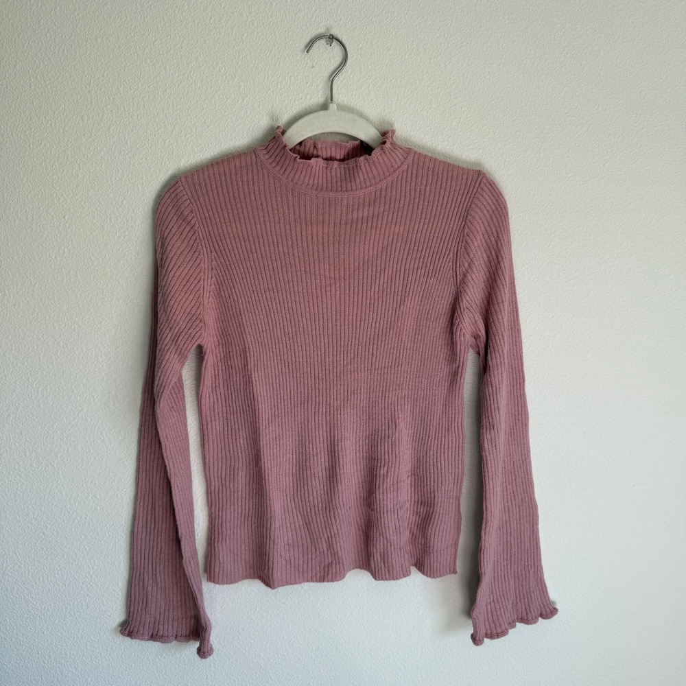 Pink Long Sleeve Knit Mock Neck Lettuce Hem